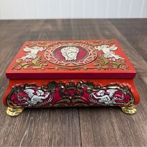 VTG Western Germany Mavis Footed Tin Fricke & Nacke Red Orange Tea Trinket Box
